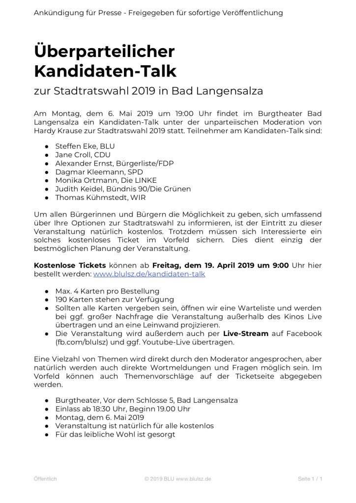 Pressemitteilung an TA, AA, Amtsblatt