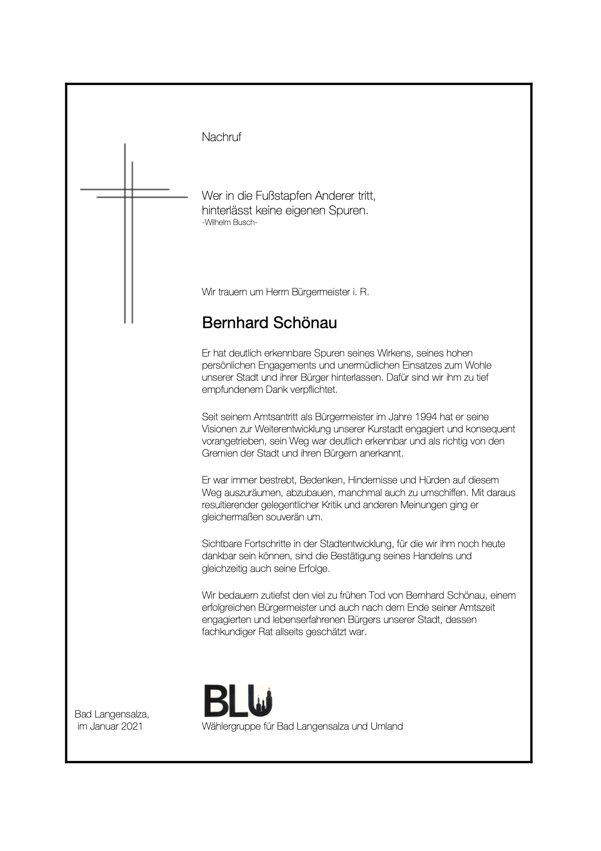 Nachruf - Bürgermeister i.R. Bernhard Schönau